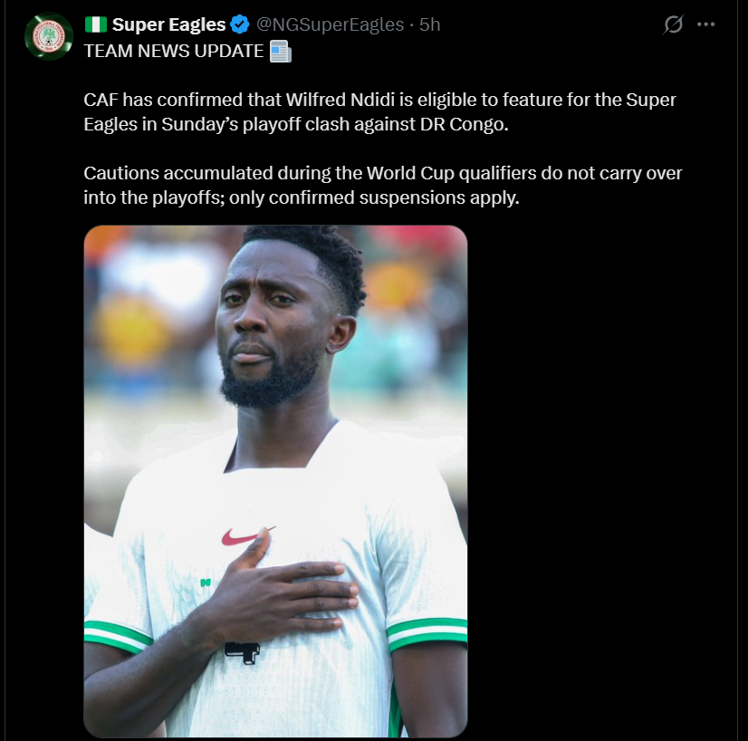 CAF confirms Ndidi is eligible to face DR Congo on Sunday